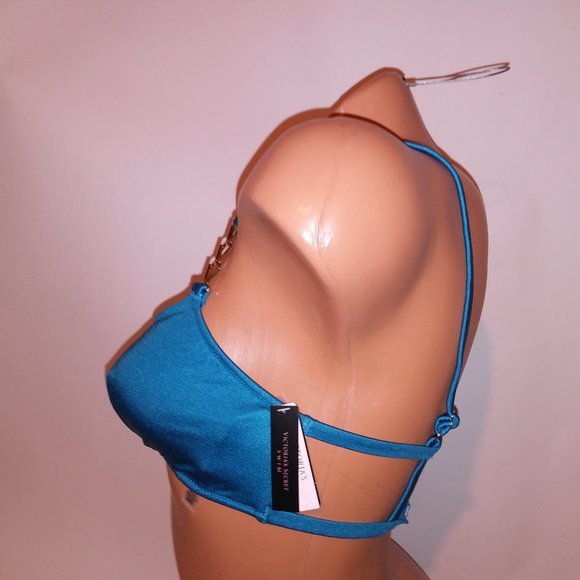 Victoria Secret Swim Bikini Top l Blue Solid Shimmer Cutout Gold Chain New - Picture 6 of 8